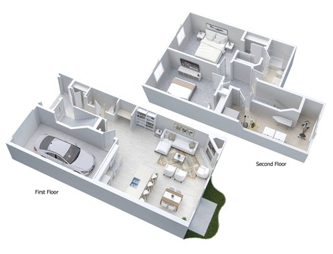 3-D floor plan of 2-story townhome with 2 bedrooms & 1.5 baths
